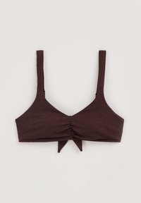 Burgundský bikiny top s nastavitelnými ramínky, zdobený skládáním v přední části a uzlem uprostřed. Vyrobeno z texturovaného materiálu s lehkým leskem.