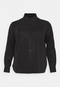 Schwarze Button-up-Hemd aus glattem Stoff, mit klassischem Kragen, langen Ärmeln und lockerem Schnitt. Dezenter Glanz und keine sichtbaren Muster.