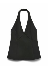 Zwarte haltertop met een diepe V-hals, voorzien van twee voorkruimelzakken en een getailleerde silhoët. Glad stof met minimale naden en schone randen.