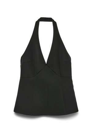 Haut noir à bretelles avec un décolleté en V profond, doté de deux poches frontales et d'une silhouette ajustée. Tissu lisse avec des coutures minimales et des bords propres.