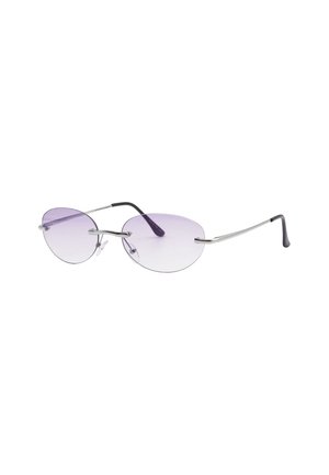 Occhiali da sole ovali senza montatura color viola con sottili bracci in metallo argentato e puntali neri su uno sfondo bianco.