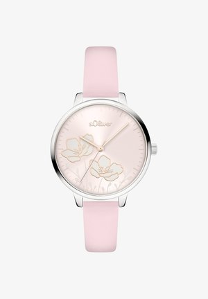 Runde Uhr mit einem hellrosa Lederarmband und einem silbernen Gehäuse. Das Zifferblatt ist blassrosa mit floralen Akzenten und goldfarbenen Zeigern.