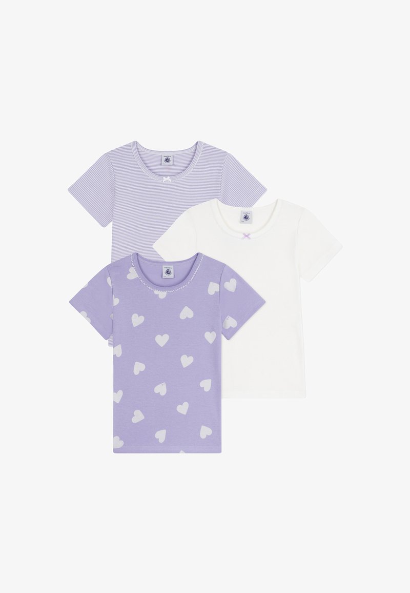 Three short-sleeve shirts: one light purple striped, one white with a small lavender accent, and one lavender with heart patterns.