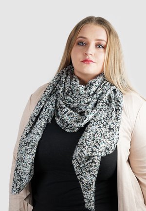 Bloemmotief sjaal in zwart met kleine witte, groene en blauwe accenten. Lichtgewicht textuurstof hangt casual om de nek.