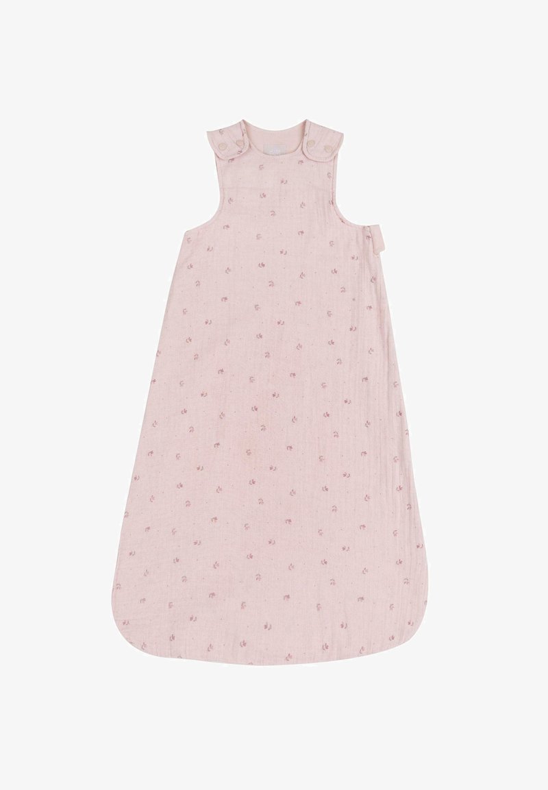 Pink cotton sleep sack with a sleeveless design, snap buttons on shoulders, and a soft texture featuring small floral patterns throughout.