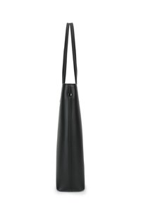 Black leather tote bag with two long handles, tapered sides, smooth texture, and a contrasting accent near the base.