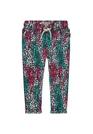 Pantalones infantiles con estampado de leopardo colorido en rosa, verde azulado, negro y blanco, que cuentan con una cinturilla elástica y un cordón blanco.