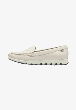Beige leather loafer with a textured upper, featuring a front strap. The sole is white with black accents and a patterned tread.