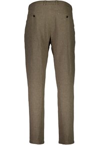 Pantalons en lin marron avec une finition texturée, coupe droite, deux poches arrière et boutons noirs pour la fermeture. Tissu lisse, détails de design minimalistes.
