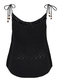 Haut sans manches noir en tricot avec motif au crochet, encolure dégagée et bretelles à nouer avec perles en bois sur fond blanc.
