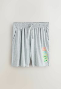 Shorts gri din bumbac, cu talie elastică și șnur de ajustare. Include buzunare laterale și un grafic multicolor "Nirvana" pe piciorul stâng.