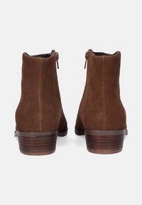 Botas de tobillo de ante marrón con una textura suave, dos cremalleras en la parte trasera y un tacón de madera apilada.