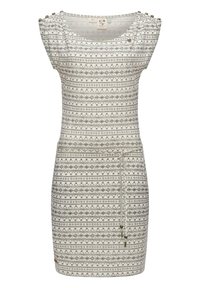 Strickkleid mit rundem Ausschnitt, kurzen Ärmeln und silbernem Muster. Hat einen Kordelzug in der Taille und dekorative Knöpfe an den Schultern.
