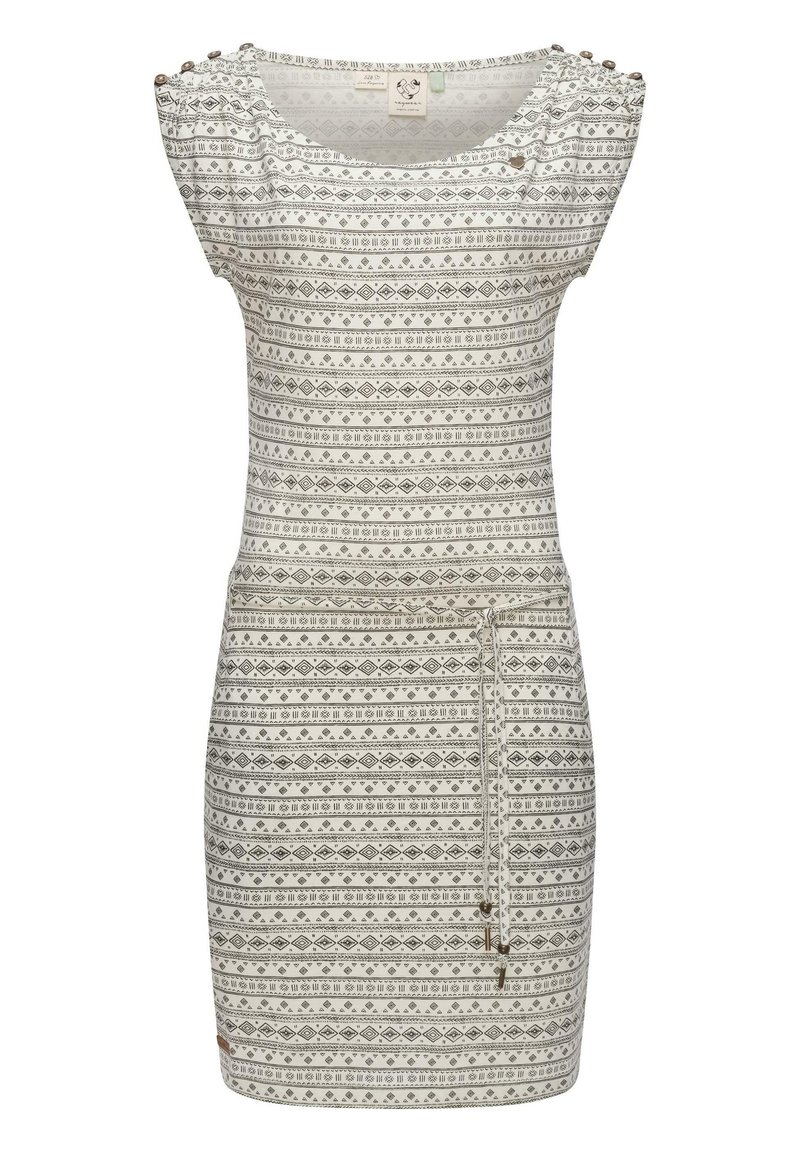 Strickkleid mit rundem Ausschnitt, kurzen Ärmeln und silbernem Muster. Hat einen Kordelzug in der Taille und dekorative Knöpfe an den Schultern.