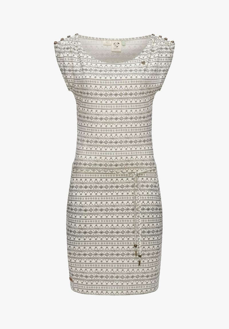 Neulemekko, jossa on avara kaula-aukko, lyhyet hihat ja hopeakuvoimainen kangas. Varustettu kiristysnyöri vyötäröllä ja koristepainikkeilla harteilla.