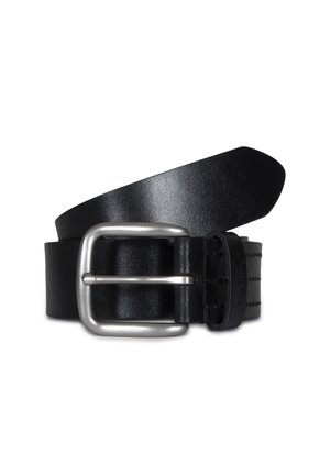 Cintura nera in pelle con fibbia rettangolare opaca in argento, parzialmente arrotolata con dettagli di cuciture visibili sull'anello della cinghia.