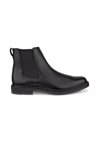 Bottine Chelsea en cuir noir avec panneaux latéraux élastiques, talon bas, bout arrondi et languette à l'arrière sur fond blanc.
