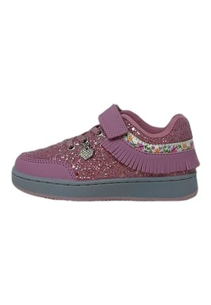 Sneakers glitterati rosa con una chiusura in velcro, motivo floreale laterale e dettagli frangiati. La suola in gomma grigia completa il design.