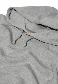 Felpa grigia realizzata in tessuto morbido, con cappuccio regolabile, texture liscia e una vestibilità comoda con dettagli di cucitura visibili.