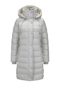 Silberner Puffer-Mantel mit Kapuze, ausgestattet mit einem weichen, gefütterten Kragen, horizontalen Steppnähten und gerippten Strickbündchen. Zwei Seitentaschen sind enthalten.