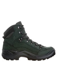 Scarpa da trekking verde scuro con suola nera, occhielli metallici, colletto imbottito alla caviglia e battistrada resistente per uso all'aperto.