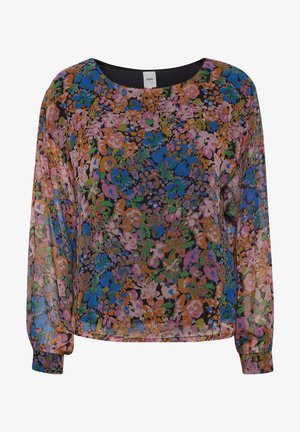 Cvetna bluzica iz prozorne tkanine. Ima crno podlogu s večbarvnimi cvetovi v roza, modri in oranžni barvi. Dolgi, ohlapni rokavi.