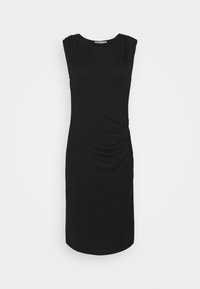 Robe noire sans manches en tissu extensible, avec des épaules froncées et un ruché sur le côté, de coupe mi-genou.