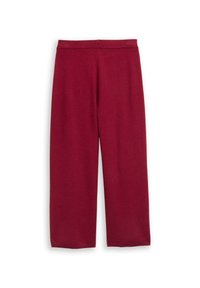 Rode wijde pijpen broek van zacht materiaal, met een elastische tailleband en een gladde textuur, zonder patronen of hardware details.