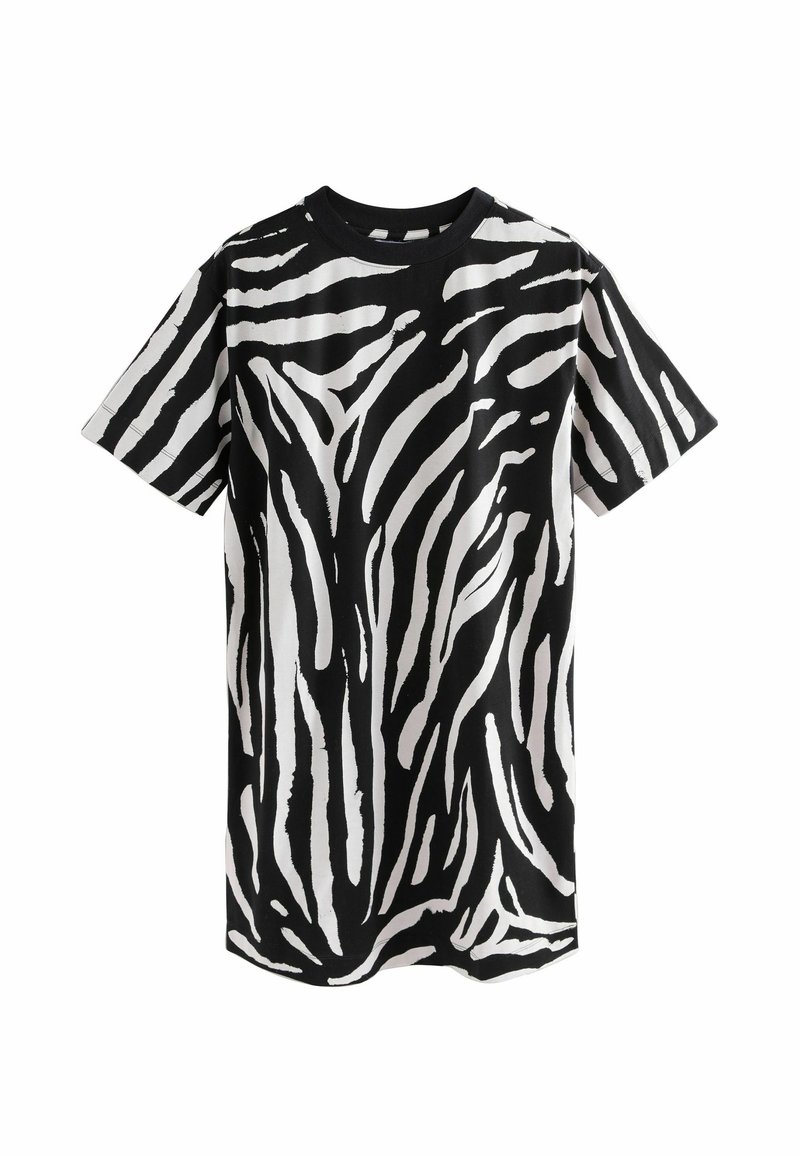 T-shirt noir et blanc avec un motif audacieux de rayures zèbre, manches courtes, col rond et texture en coton doux.