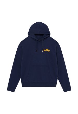 Felpa con cappuccio blu navy con tasca frontale, cappuccio con coulisse e testo giallo "BLKVIS" sul petto a sinistra.