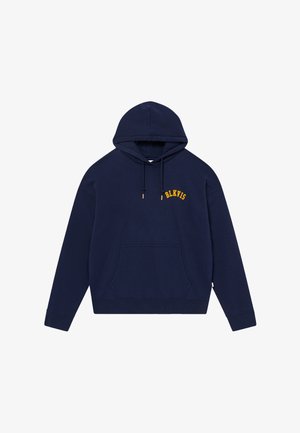 Tummansininen huppari, jossa etutasku, kiristysnyörillä varustettu huppu ja vasemmassa rinnassa keltainen "BLKVIS"-teksti.