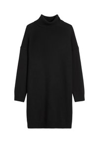 Schwarzes, gestricktes Rollkragenkleid mit langen Ärmeln und gerippten Bündchen. Die Textur ist glatt, und das Design hat eine lockere Passform.