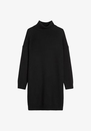 Schwarzes, gestricktes Rollkragenkleid mit langen Ärmeln und gerippten Bündchen. Die Textur ist glatt, und das Design hat eine lockere Passform.
