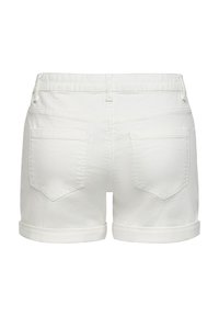 Short en denim blanc avec revers roulés, deux poches arrière, passants de ceinture et détail de couture centrale, affiché de dos.