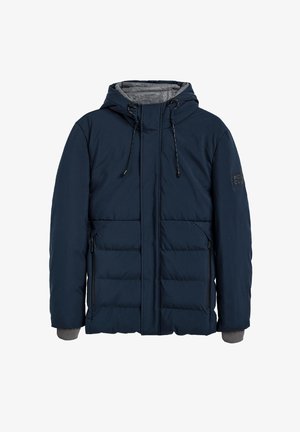 Giubbotto imbottito navale con cappuccio, dotato di due tasche frontali, polsini elasticizzati e zip. Texture liscia con un motivo trapuntato.