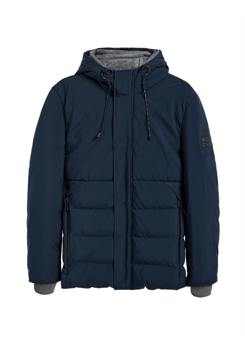 Marinblå pufferjacka med huva, utrustad med två framfickor, elastiska ärmslut och dragkedja. Slät yta med ett vadderat mönster.