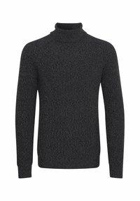 Dunkelgrauer Strickpullover mit Rollkragen. Besitzt ein strukturiertes Muster, lange Ärmel und einen gerippten Saum, der ein warmes, figurbetontes Design bietet.