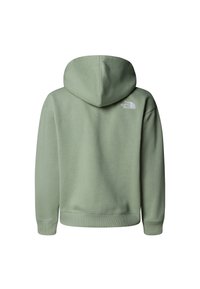 Zeleni džemper s kapuljačom glatke teksture, s velikom kapuljačom i rebrastim rukavima. Bijeli logo smješten je na gornjem dijelu leđa.