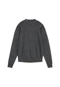 Maglione grigio scuro con collo alto a coste, maniche lunghe e puffate, e una finitura texturizzata. Il materiale presenta un leggero luccichio. Orlo dritto.