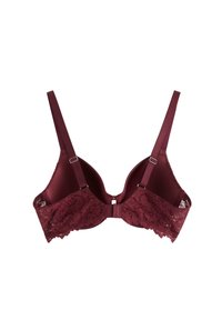 Burgundy rintaliivi, jossa on säädettävät olkaimet, pehmustetut kupit ja pitsiyksityiskohtia sivuilla sekä takasulussa.