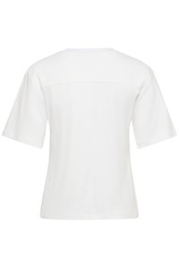 Balta īsroku t-krekls ar taisnu piegriezumu, gludu kokvilnas faktūru un smalku horizontālu šuvi pāri mugurai.