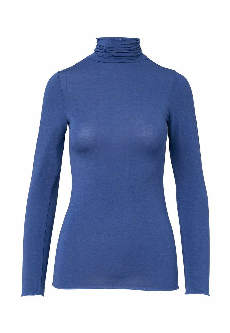 Maglia blu a maniche lunghe con colletto a imbuto realizzata in un tessuto morbido ed elasticizzato; design aderente con tessuto arricciato al collo per un tocco di texture in più.