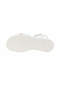 Suela de zapato blanca con un patrón texturizado, presentando surcos horizontales y un diseño de punta redondeada. Material de goma suave con detalles de acento mínimos.