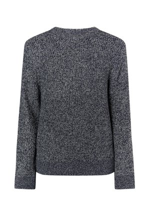 Marineblå strikket sweater med lange ærmer, der har et struktureret mønster og en rund halsudskæring. Slutter ved hoften med ribbede manchetter.