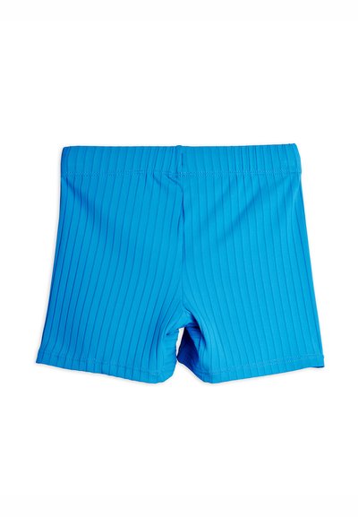 Maillot de bain bleu côtelé avec une ceinture élastique et une coupe courte et ajustée sur fond blanc.