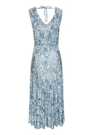 Sleeveless blue and white paisley dress with V-neck, back tie closure, cinched waist, and flowing tiered skirt.