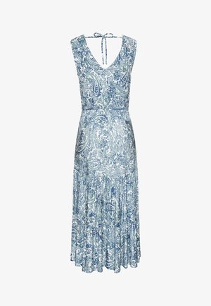 Sleeveless blue and white paisley dress with V-neck, back tie closure, cinched waist, and flowing tiered skirt.