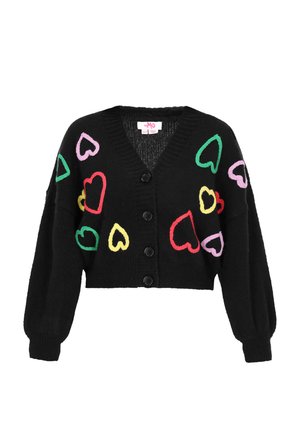 Fekete kötött kardigán, rövidített fazonnal, színes szívmintákkal rózsaszín, zöld, piros, sárga és kék színekben. Elöl gombos záródás.