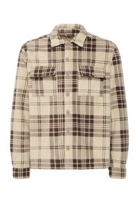 Beige plaid shirt made of soft fabric, featuring dark brown check patterns, two chest pockets, and button closures along the front.