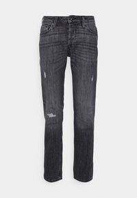 Jeans de ganga cinza escuro com corte reto, apresentando remendos desgastados e um design clássico de cinco bolsos.